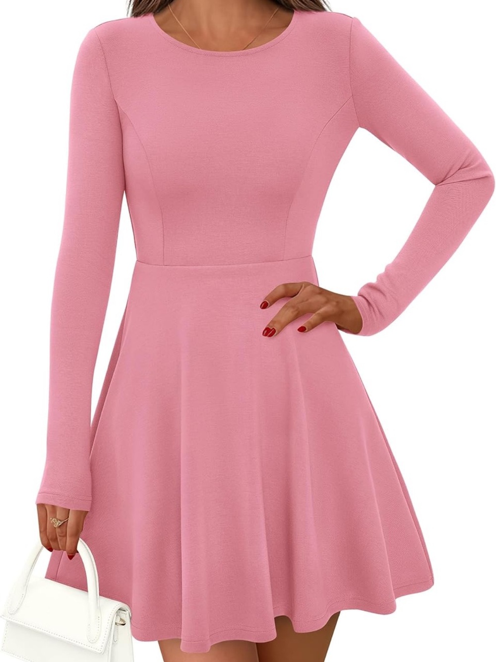 Long-Sleeve Pink Fit-and-Flare Dress